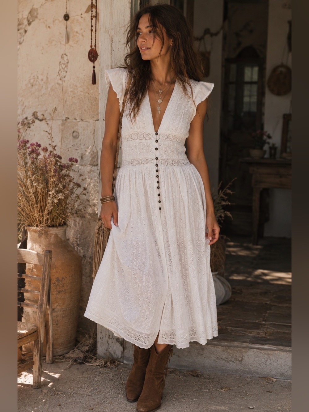 Free People White Eyelet Lace Button-Front Midi Dress with ruffle sleeves. SM - Picture 1 of 9